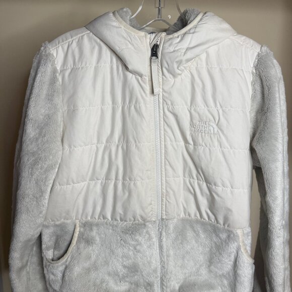 The North Face Girls Fleece Puffer Jacket Hooded White Gray - Picture 3 of 8